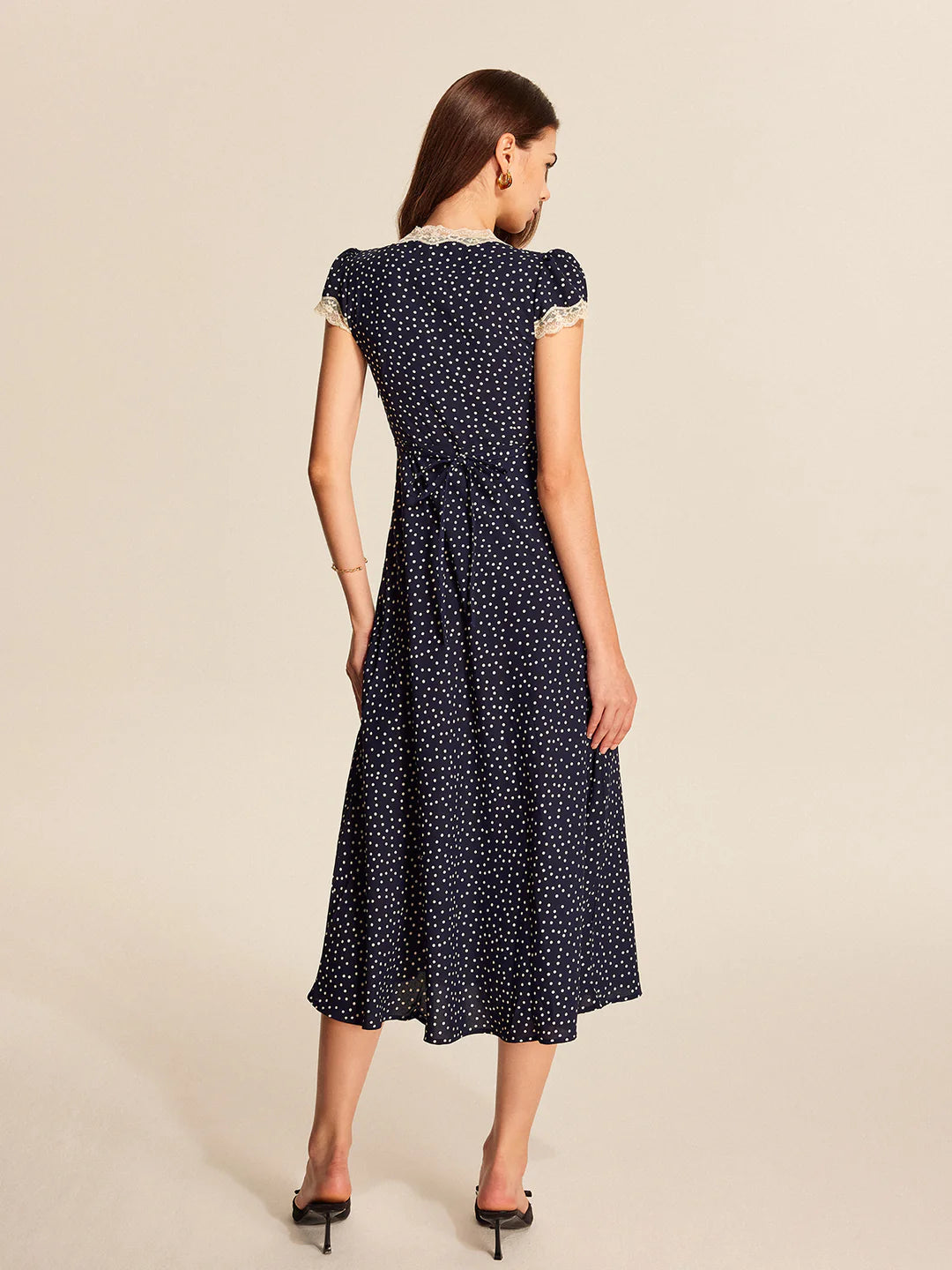 Robe Midi Femme à Pois, Col V Profond en Dentelle, Manches Courtes