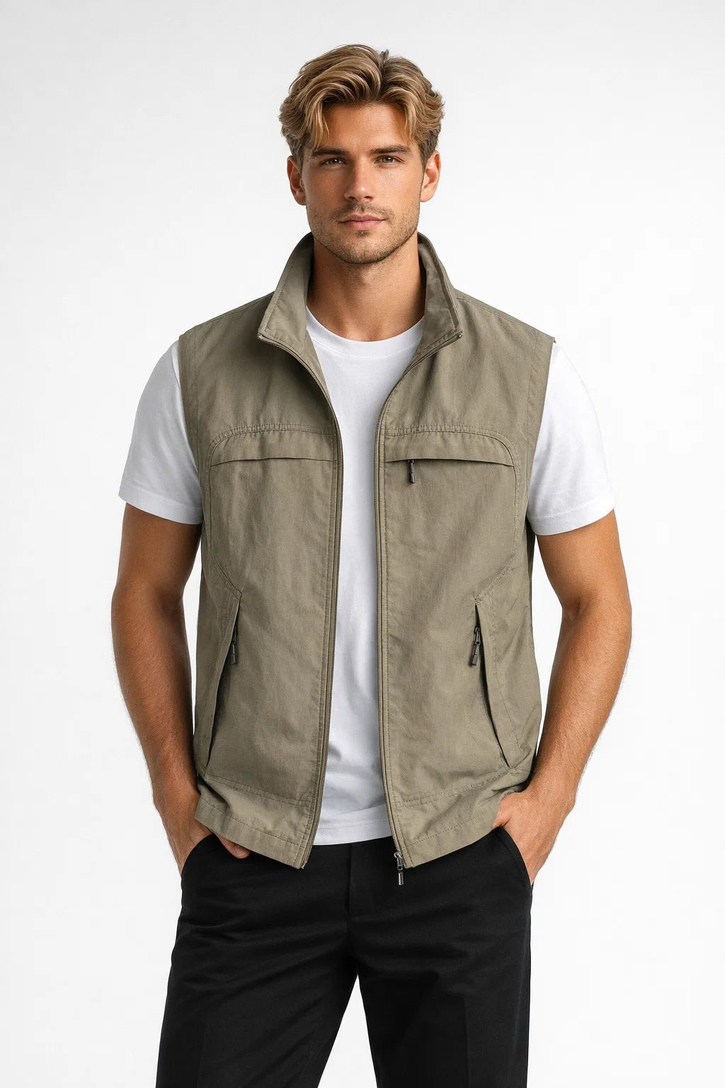 Gilet Sans Manches Homme Léger à Col Montant et Multipoches