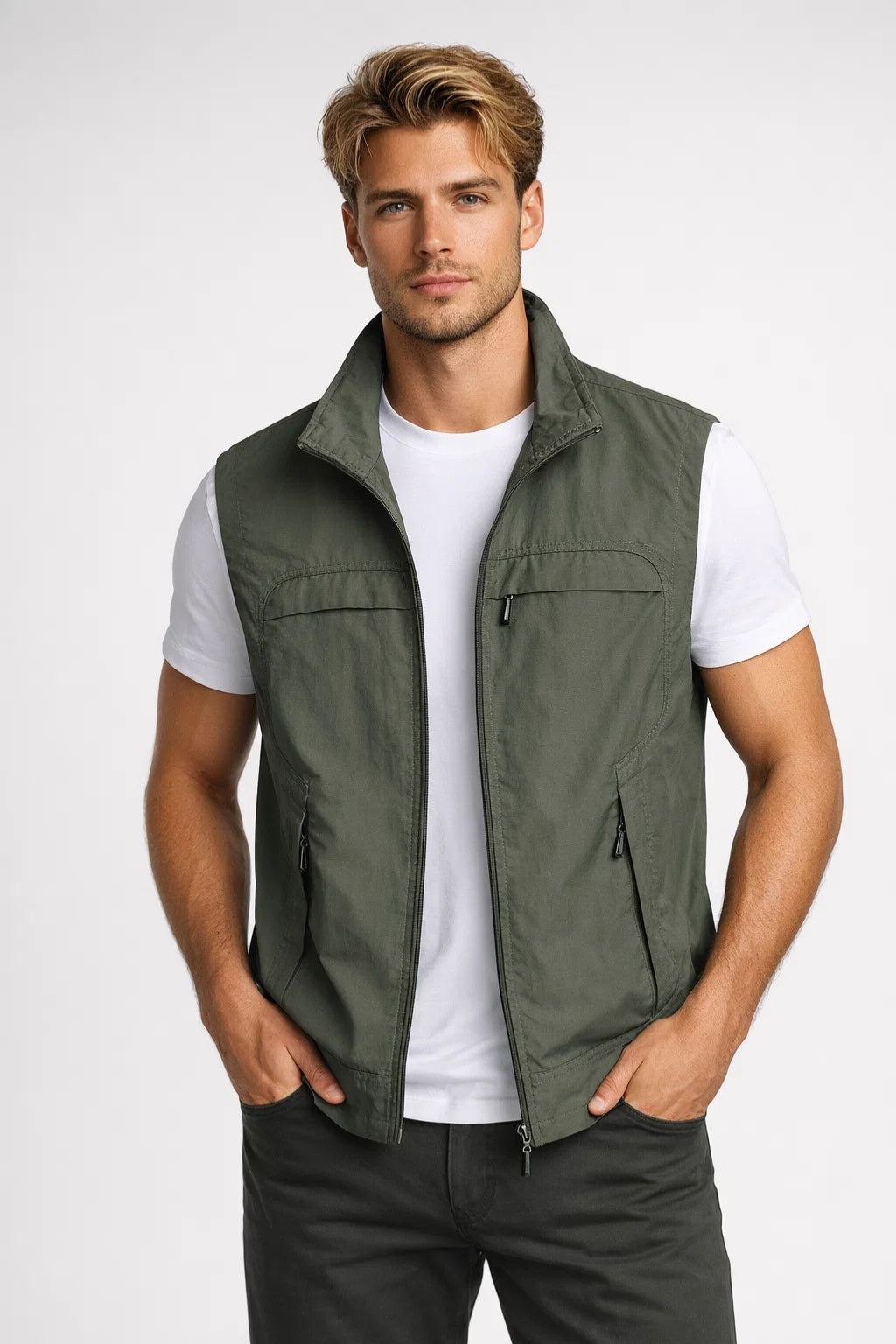 Gilet Sans Manches Homme Léger à Col Montant et Multipoches