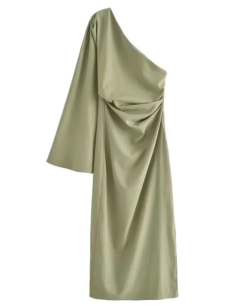 Robe Maxi Asymétrique à Épaule Dégagée et Manches Longues