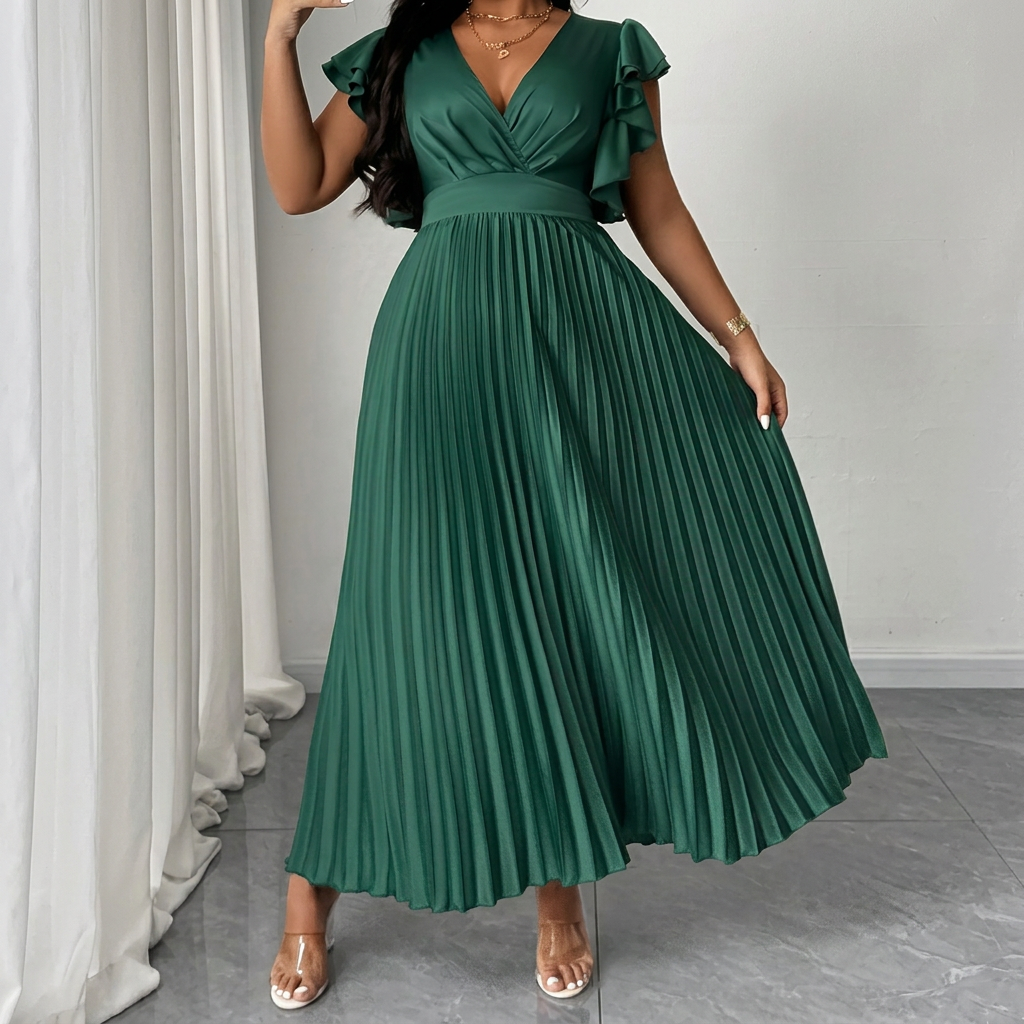 Robe Femme Cache-Cœur Longue Plissée à Manches Volantées