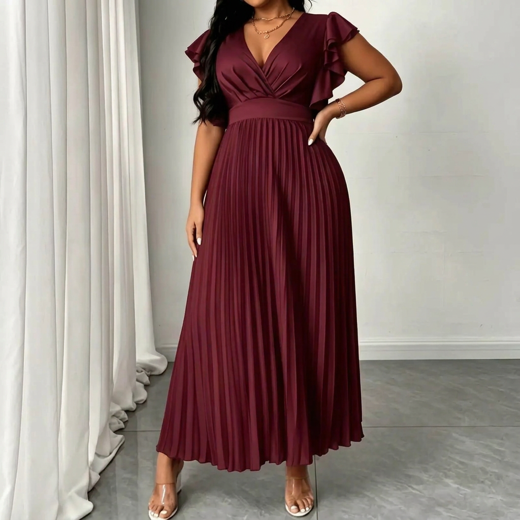 Robe Femme Cache-Cœur Longue Plissée à Manches Volantées