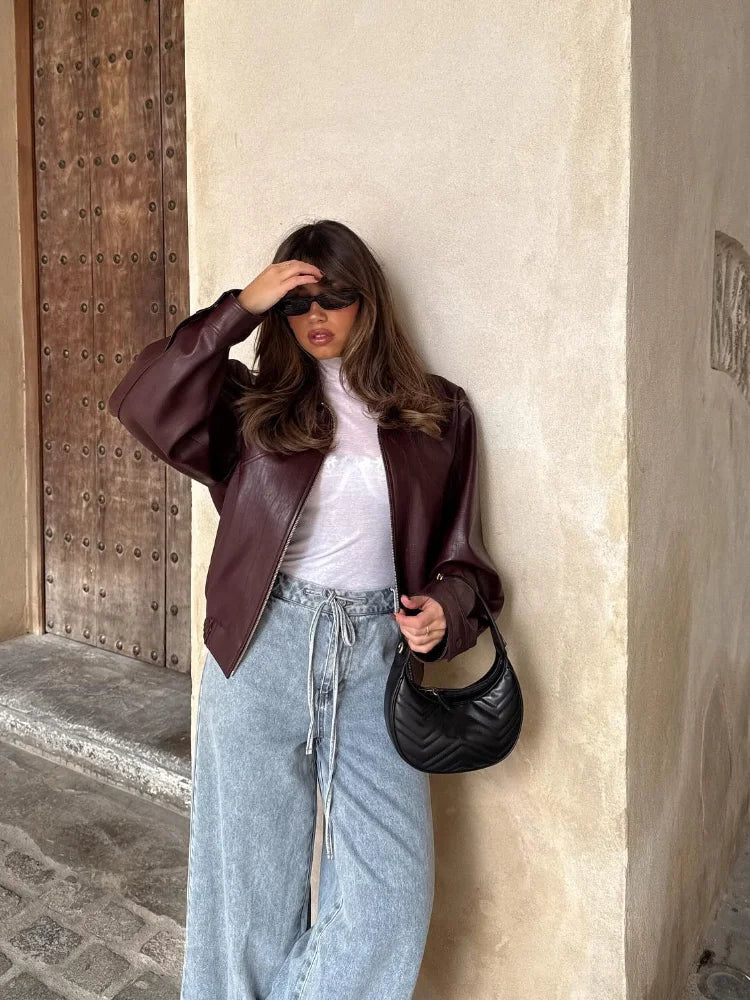 Veste Bomber Femme Oversize en Cuir Bordeaux