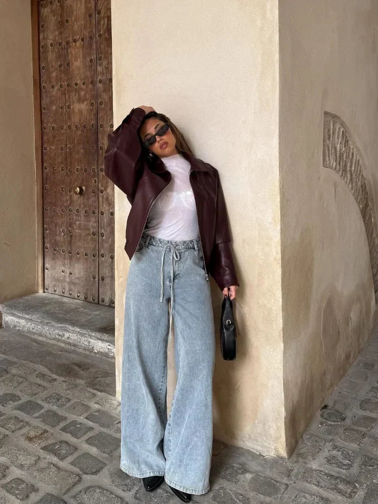 Veste Bomber Femme Oversize en Cuir Bordeaux
