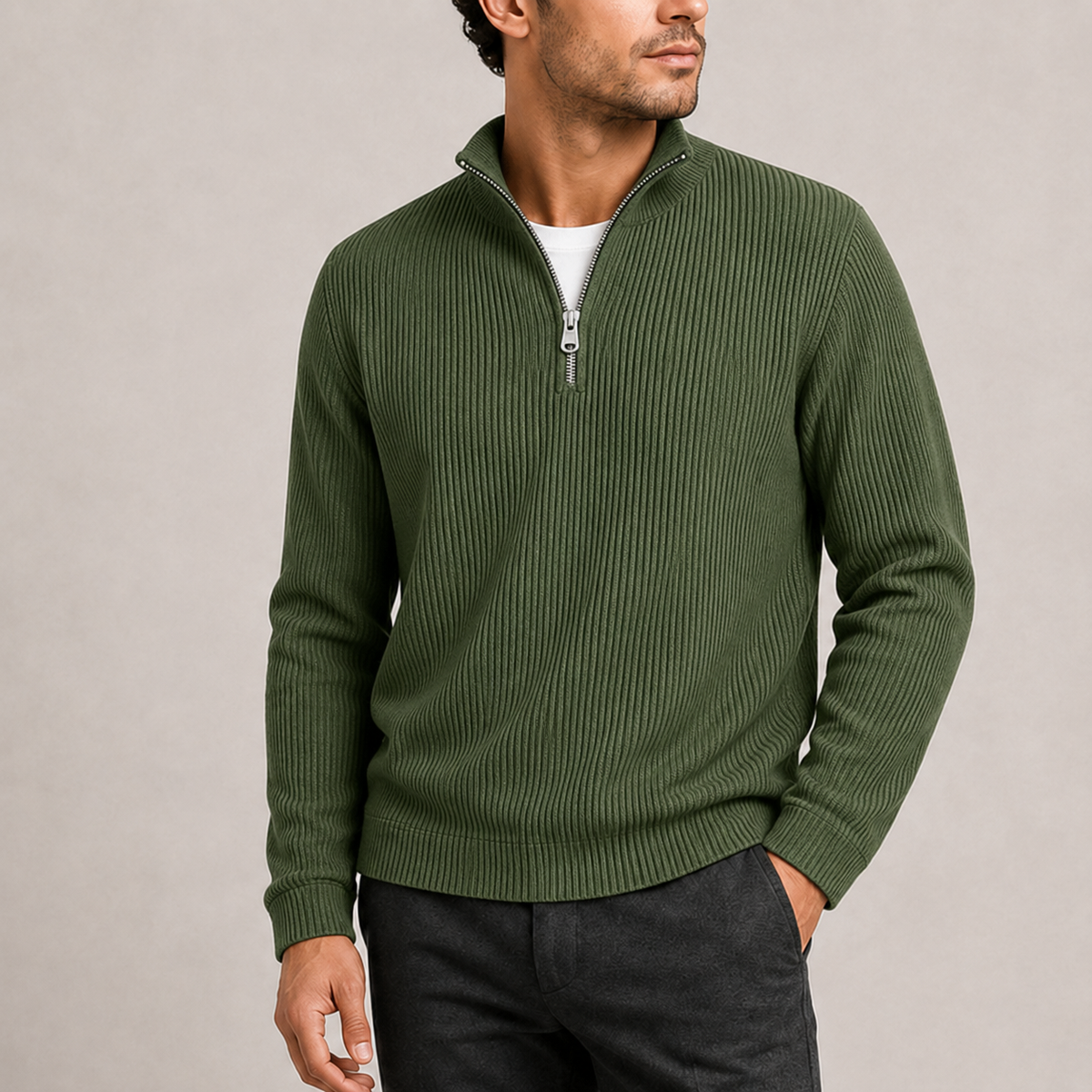 Pull Homme Col Zippé Maille Côtelée