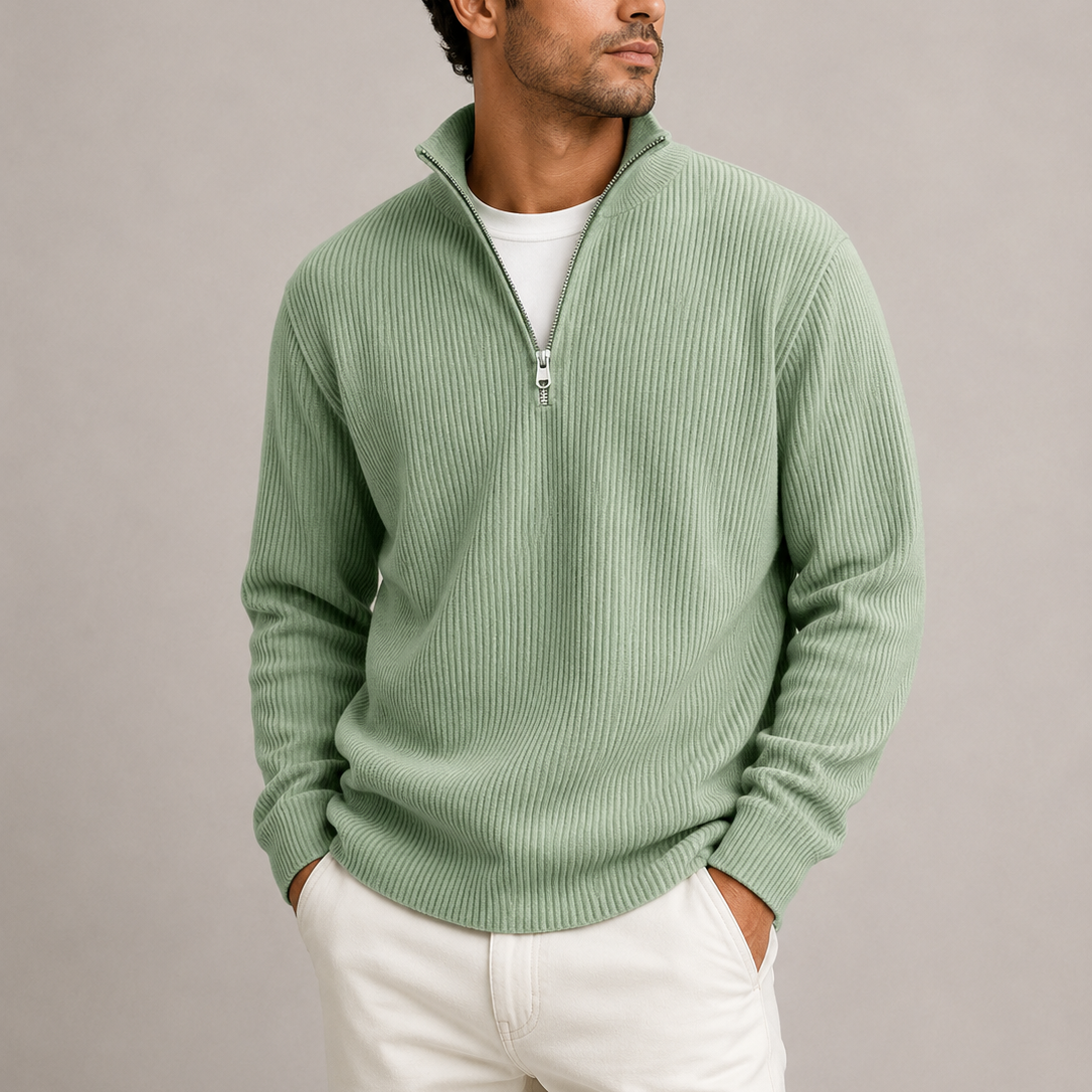 Pull Homme Col Zippé Maille Côtelée