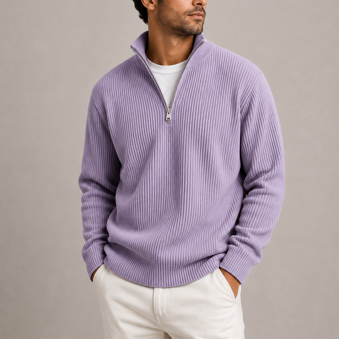 Pull Homme Col Zippé Maille Côtelée