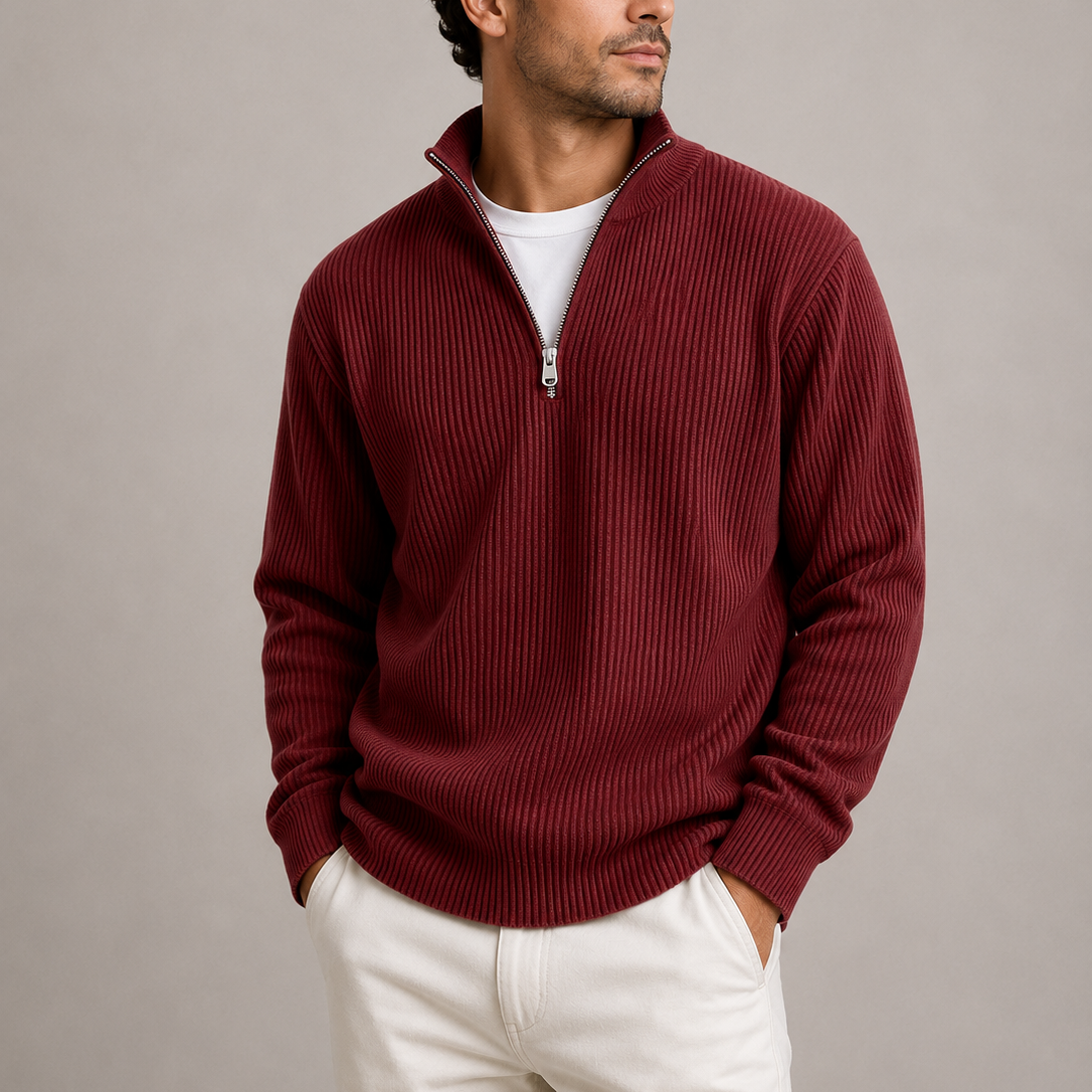 Pull Homme Col Zippé Maille Côtelée