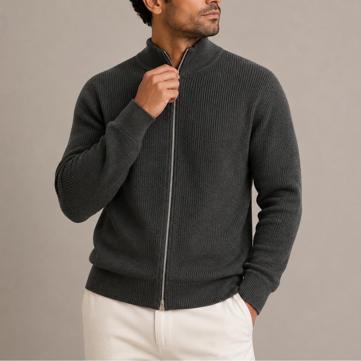 Gilet Homme Zippé Côtelé – Cardigan Tricot Col Montant