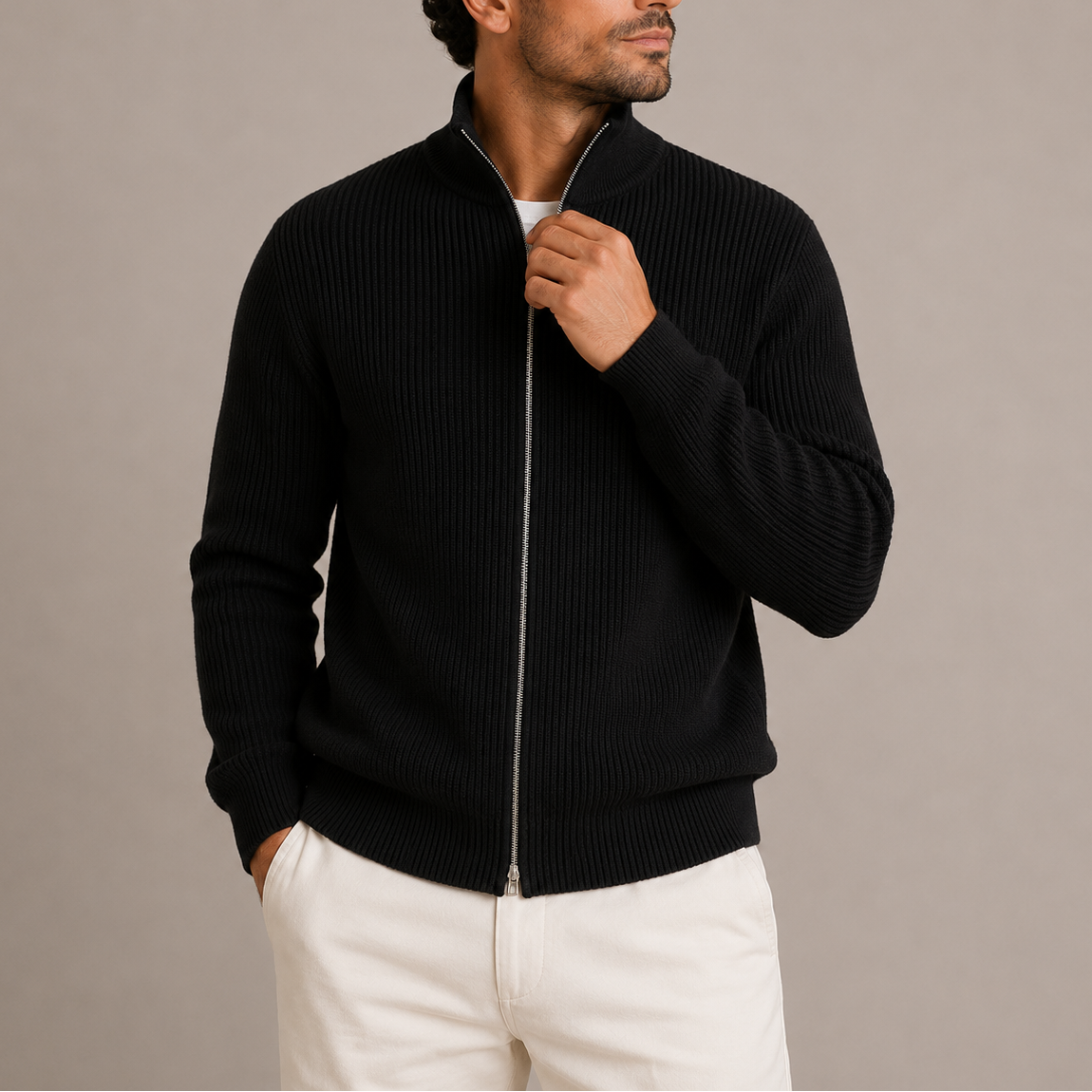 Gilet Homme Zippé Côtelé – Cardigan Tricot Col Montant