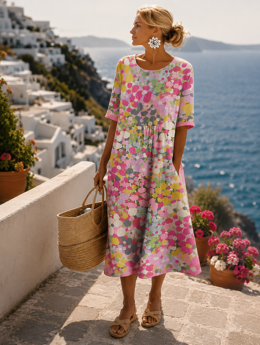 Robe Midi Fleurie Femme en Polyester, Manches Courtes