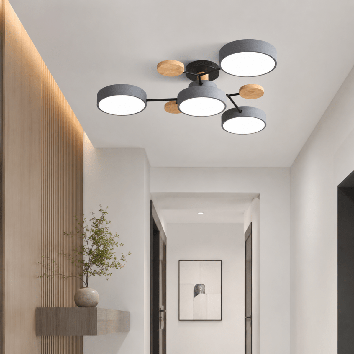 Plafonnier LED Rond Design Minimaliste en Métal et Bois