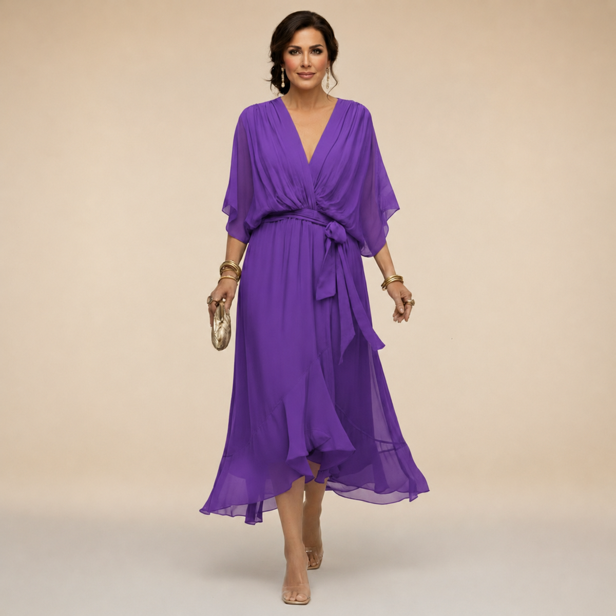 Robe Portefeuille Midi Femme Col V, Manches 3/4