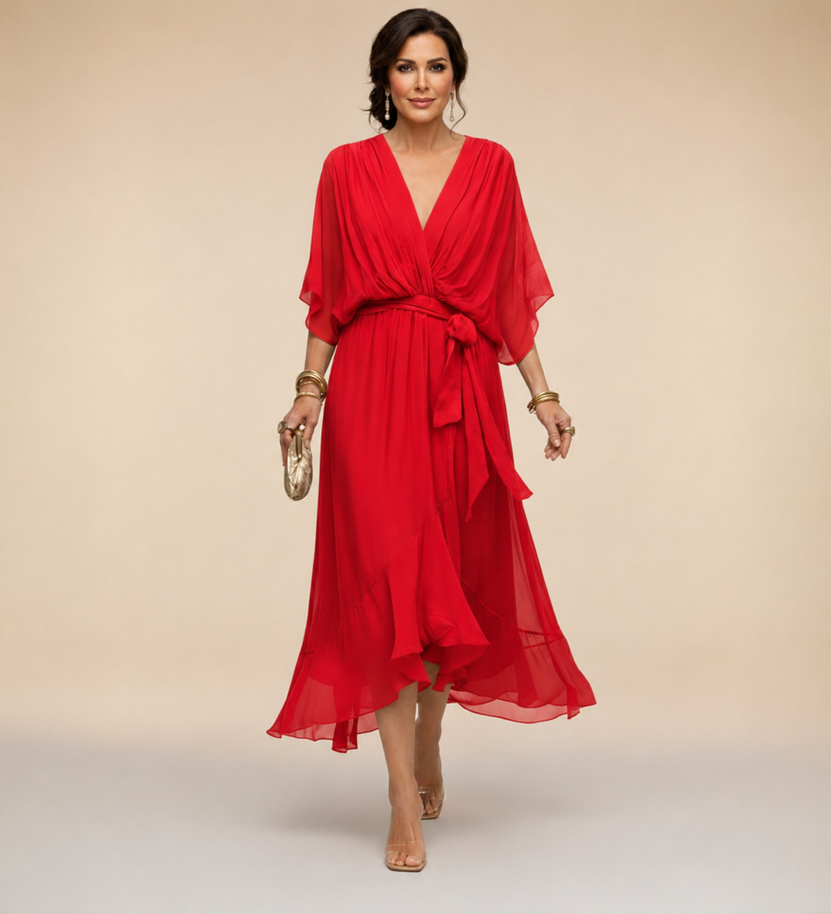 Robe Portefeuille Midi Femme Col V, Manches 3/4