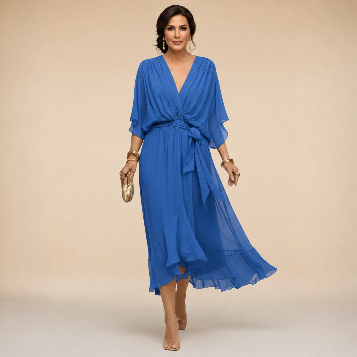 Robe Portefeuille Midi Femme Col V, Manches 3/4