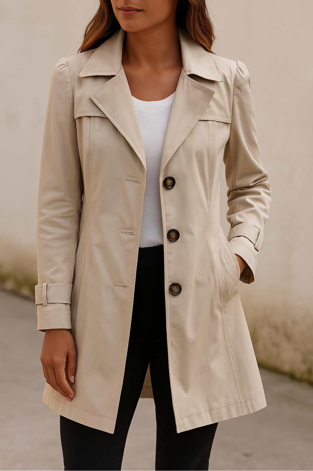 Trench Femme Coupe Cintrée, Col Cranté et Double Boutonnage