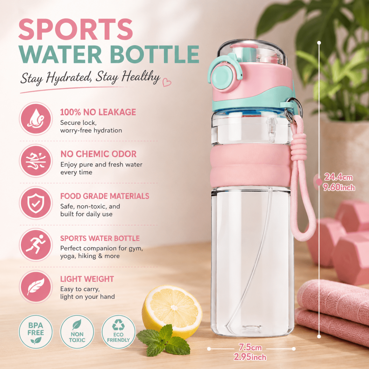 Waterfles met verstuiver – 800 ml, lekvrij ontwerp voor sport en buitenactiviteiten