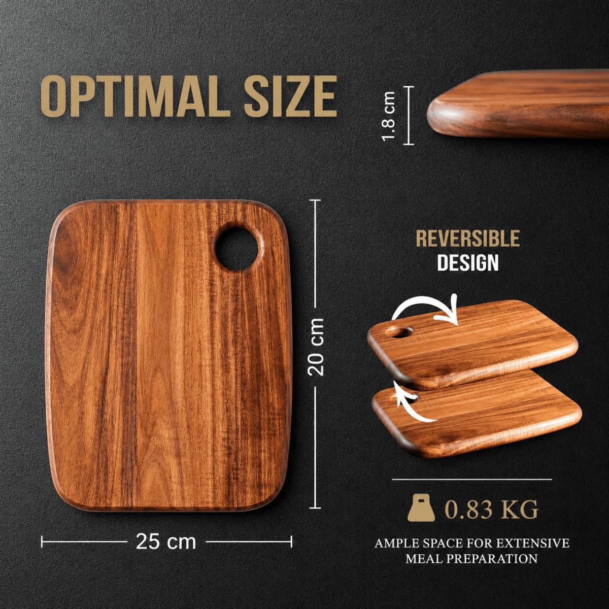 Planche à Découper en Bois d'Acacia 25x20 cm avec Trou