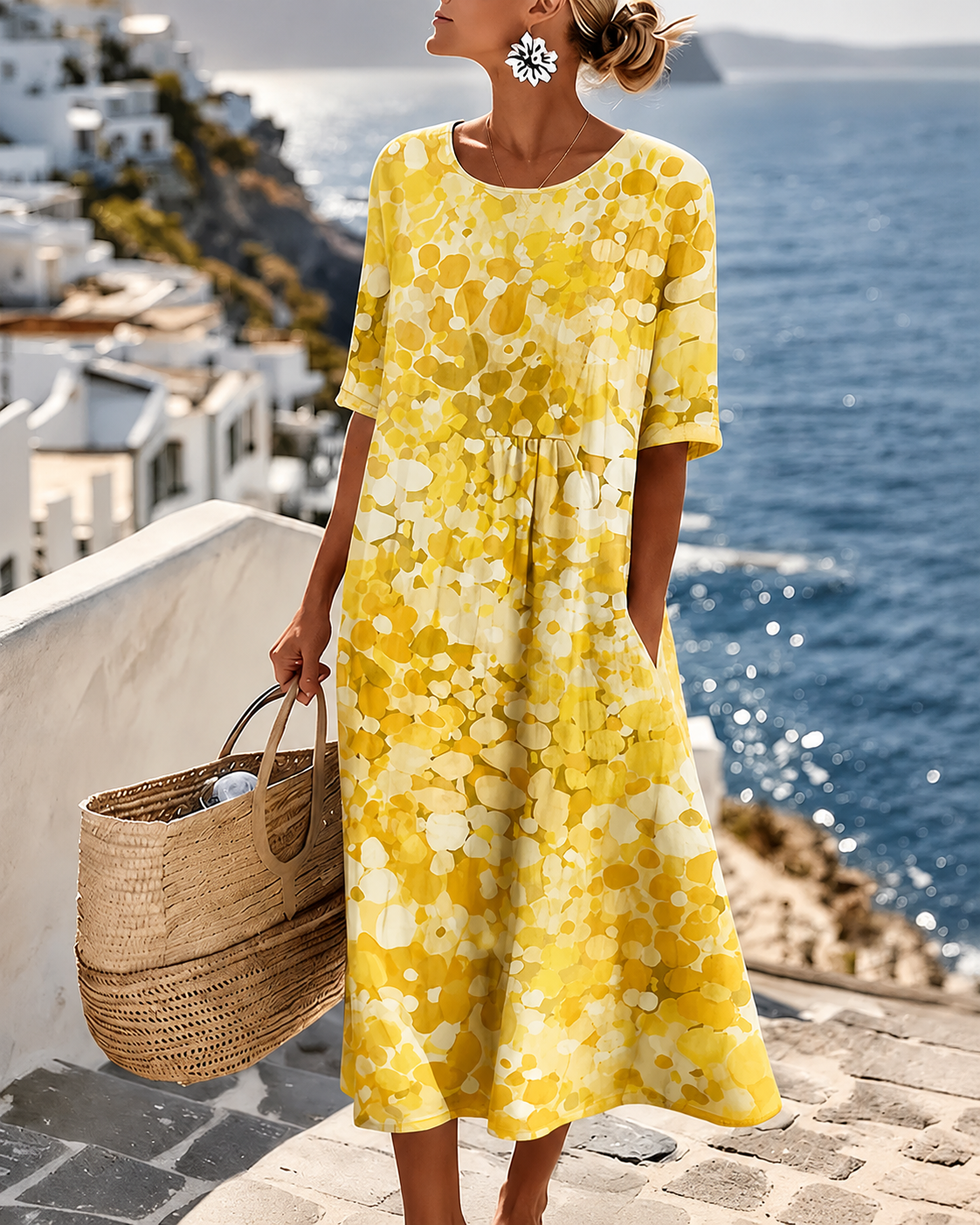 Robe Midi Fleurie Femme en Polyester, Manches Courtes