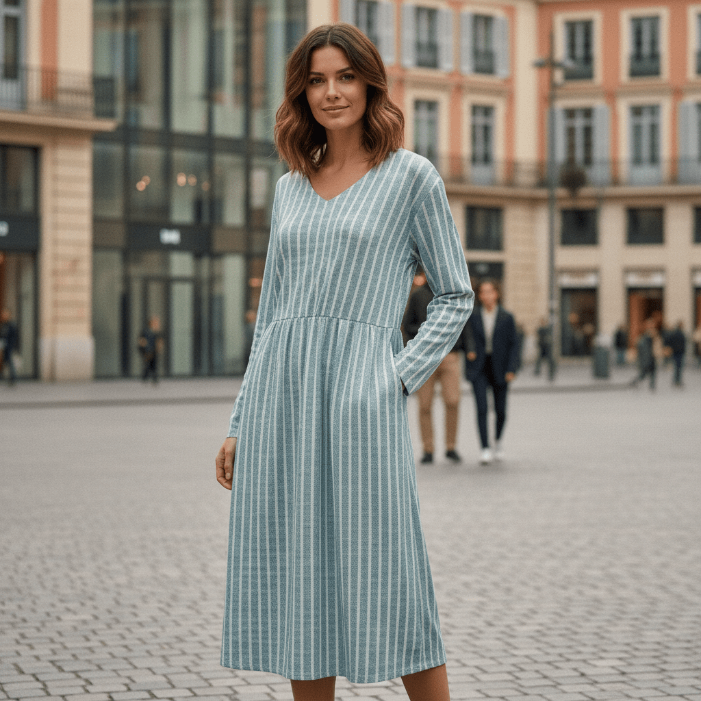 Robe Femme Rayée Col V à Manches Longues
