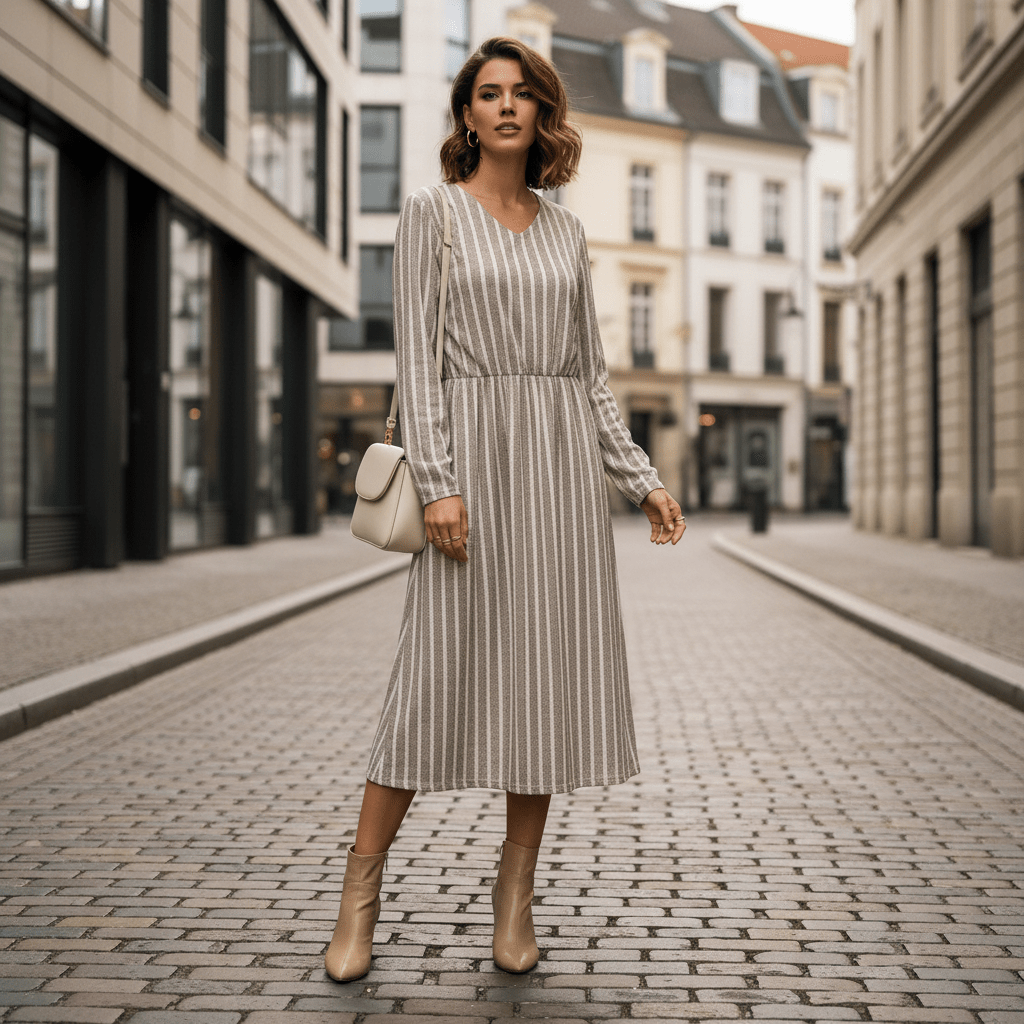 Robe Femme Rayée Col V à Manches Longues