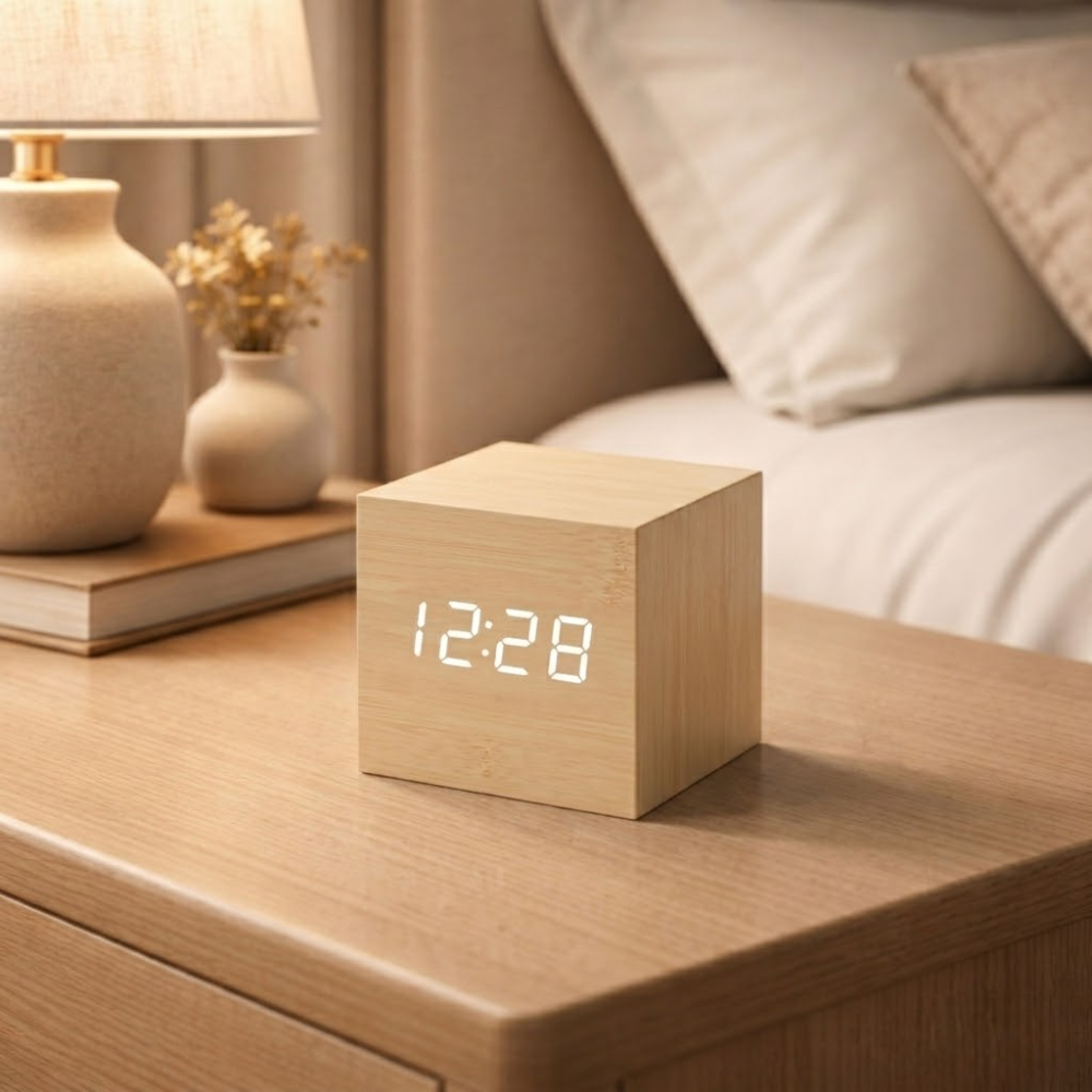 Reloj LED – Acabado en madera mate, diseño compacto para el dormitorio o el despacho