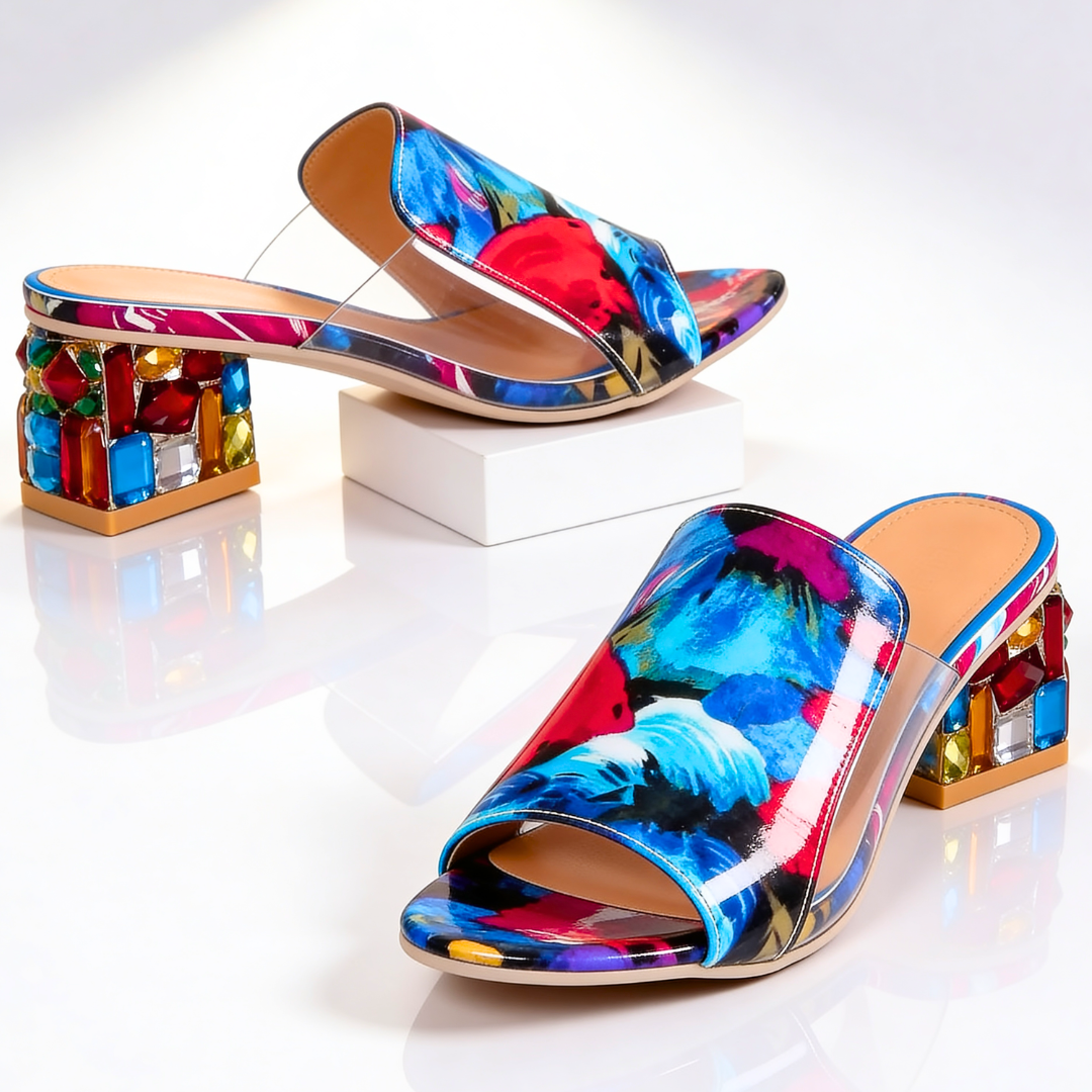 Mules Talon Bijou Femme - Talon Bloc Strass Multicolore