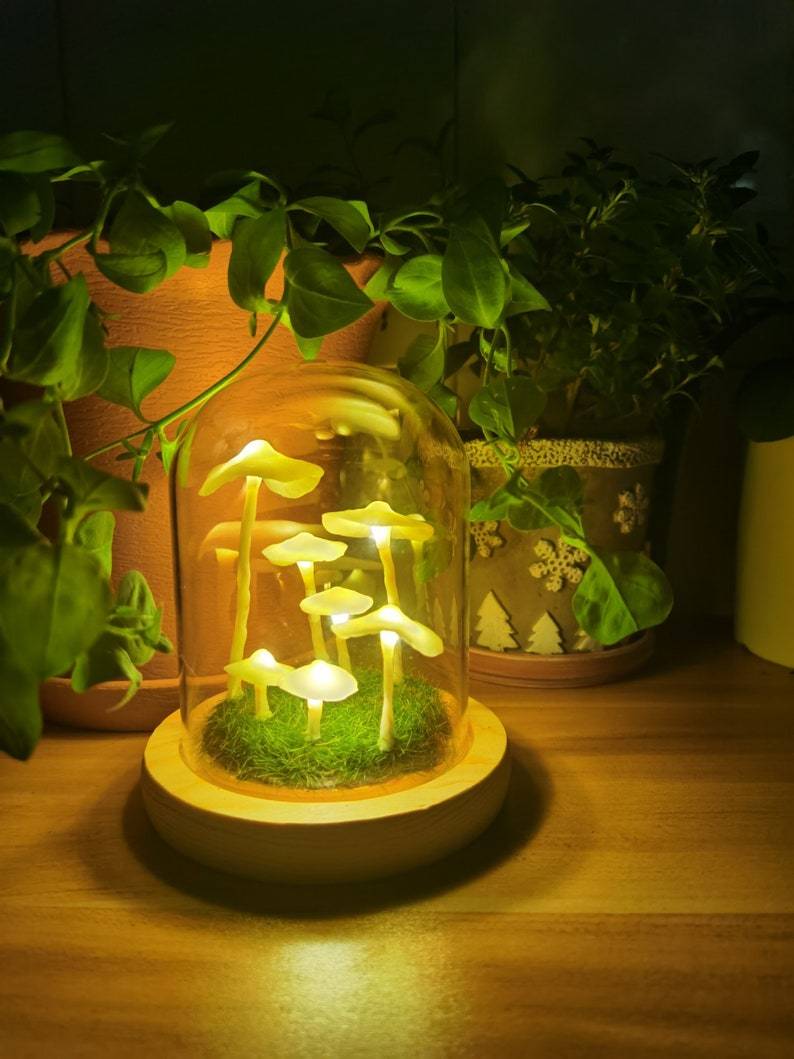 DIY Mushroom Lamp – Glass and Wood, Creative Table Decoration for the Living Room or Bedroom