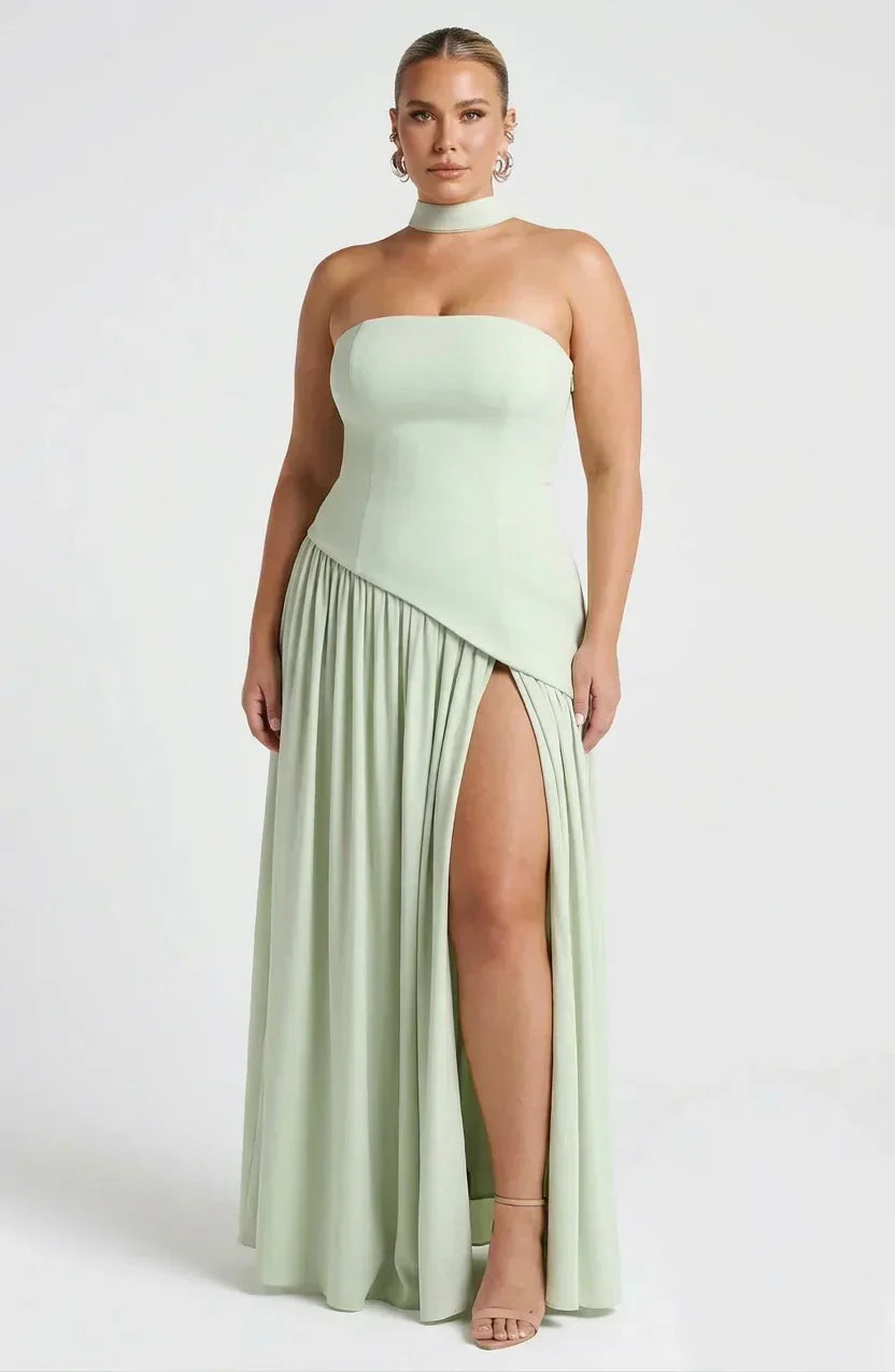 Robe Longue Bustier Noire et Blanche à Fente Asymétrique