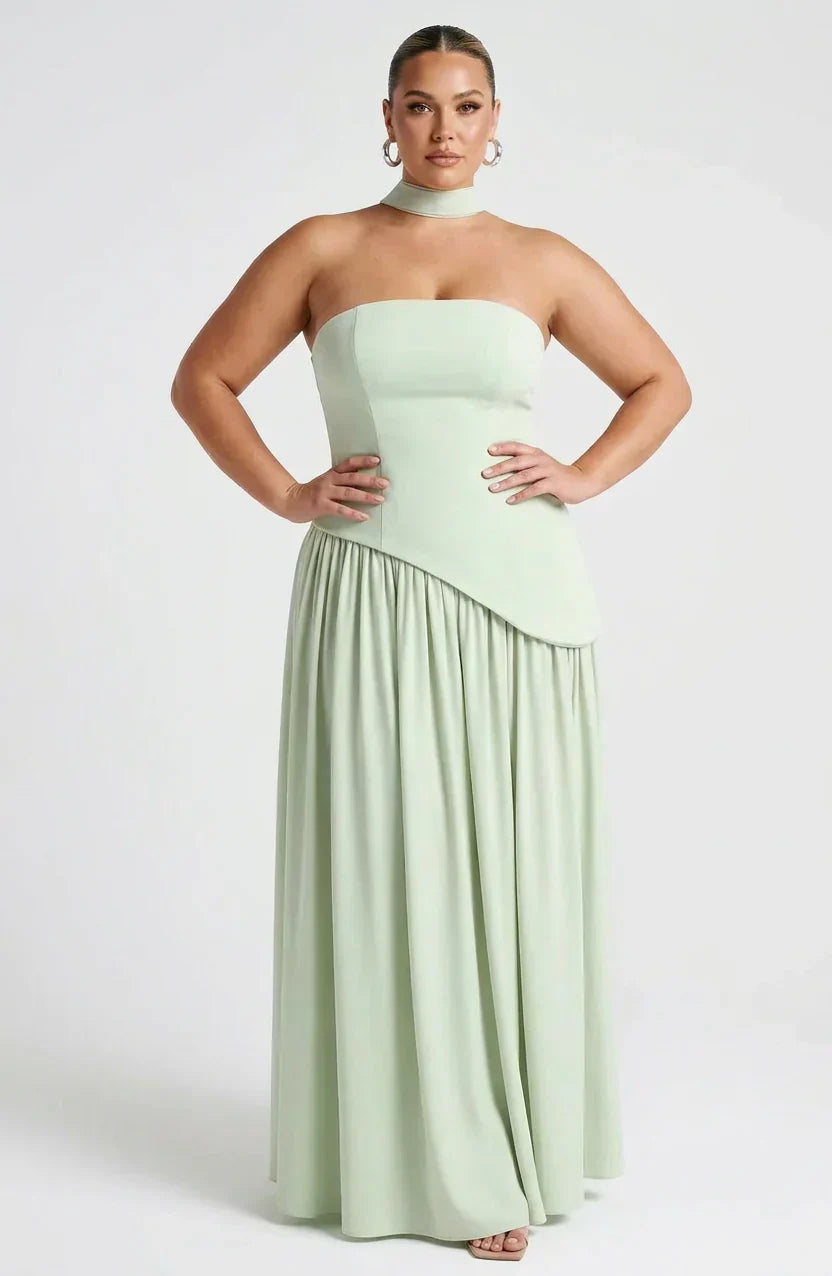 Robe Longue Bustier Noire et Blanche à Fente Asymétrique