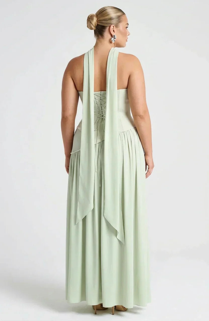 Robe Longue Bustier Noire et Blanche à Fente Asymétrique