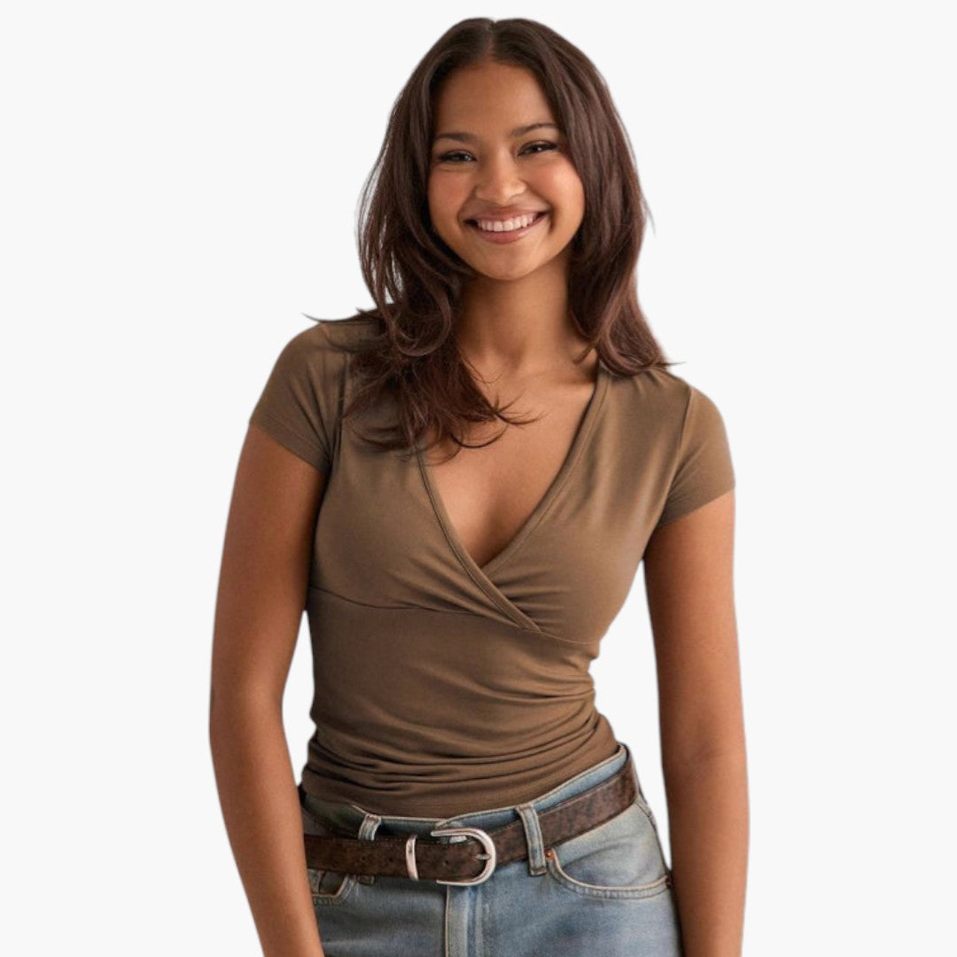 T-shirt Femme Col V Croisé Manches Courtes – Coupe Ajustée
