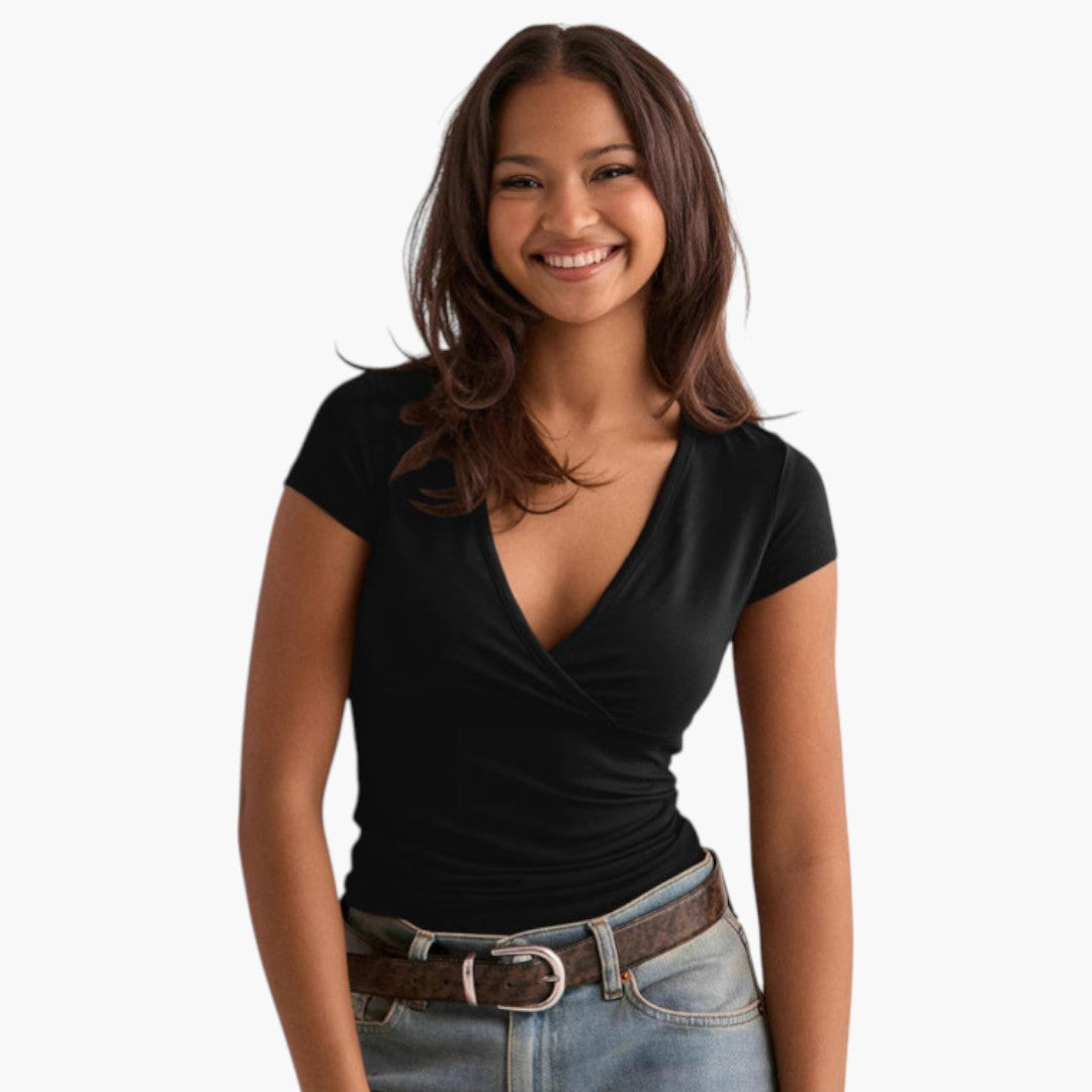 T-shirt Femme Col V Croisé Manches Courtes – Coupe Ajustée