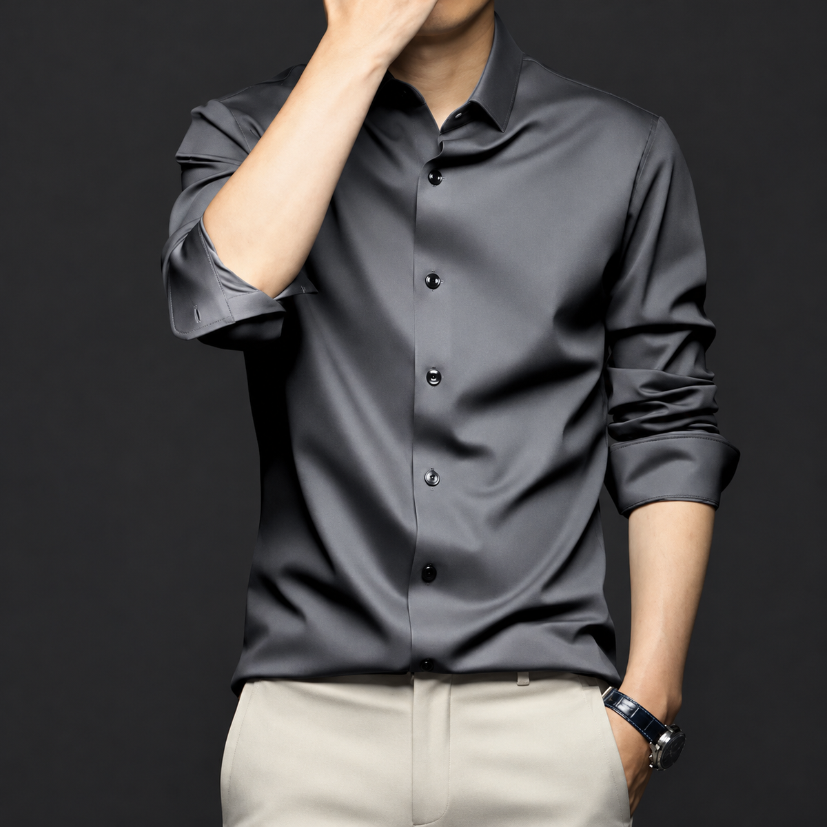 Men's Slim-Fit Long-Sleeve Shirt with Button-Down Collar and Classic Collar