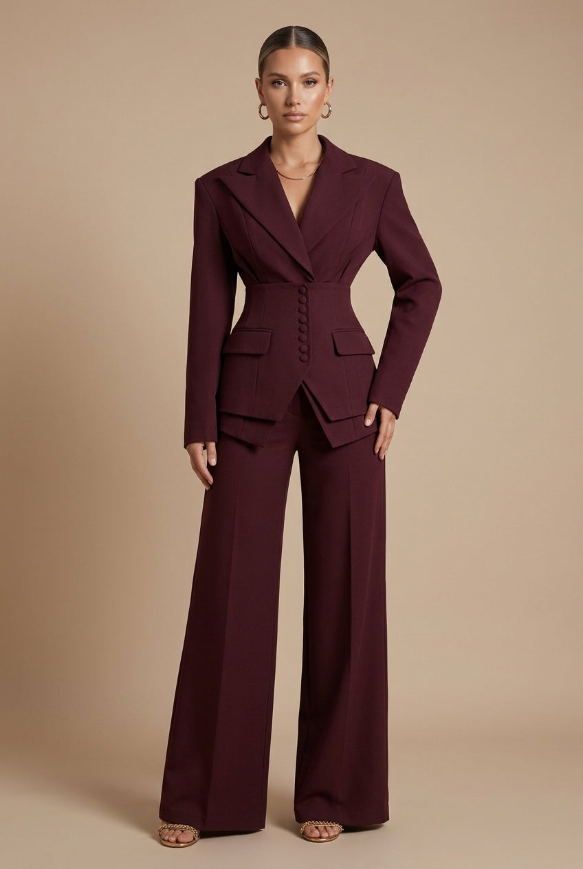 Tailleur Femme Deux Pièces Blazer Col Cranté et Pantalon Large
