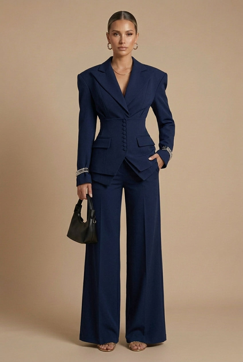Tailleur Femme Deux Pièces Blazer Col Cranté et Pantalon Large