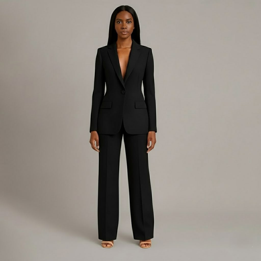 Tailleur Femme Chic Blazer Long Ajusté et Pantalon Assorti