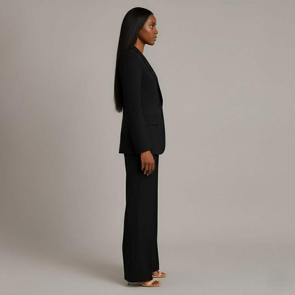 Tailleur Femme Chic Blazer Long Ajusté et Pantalon Assorti