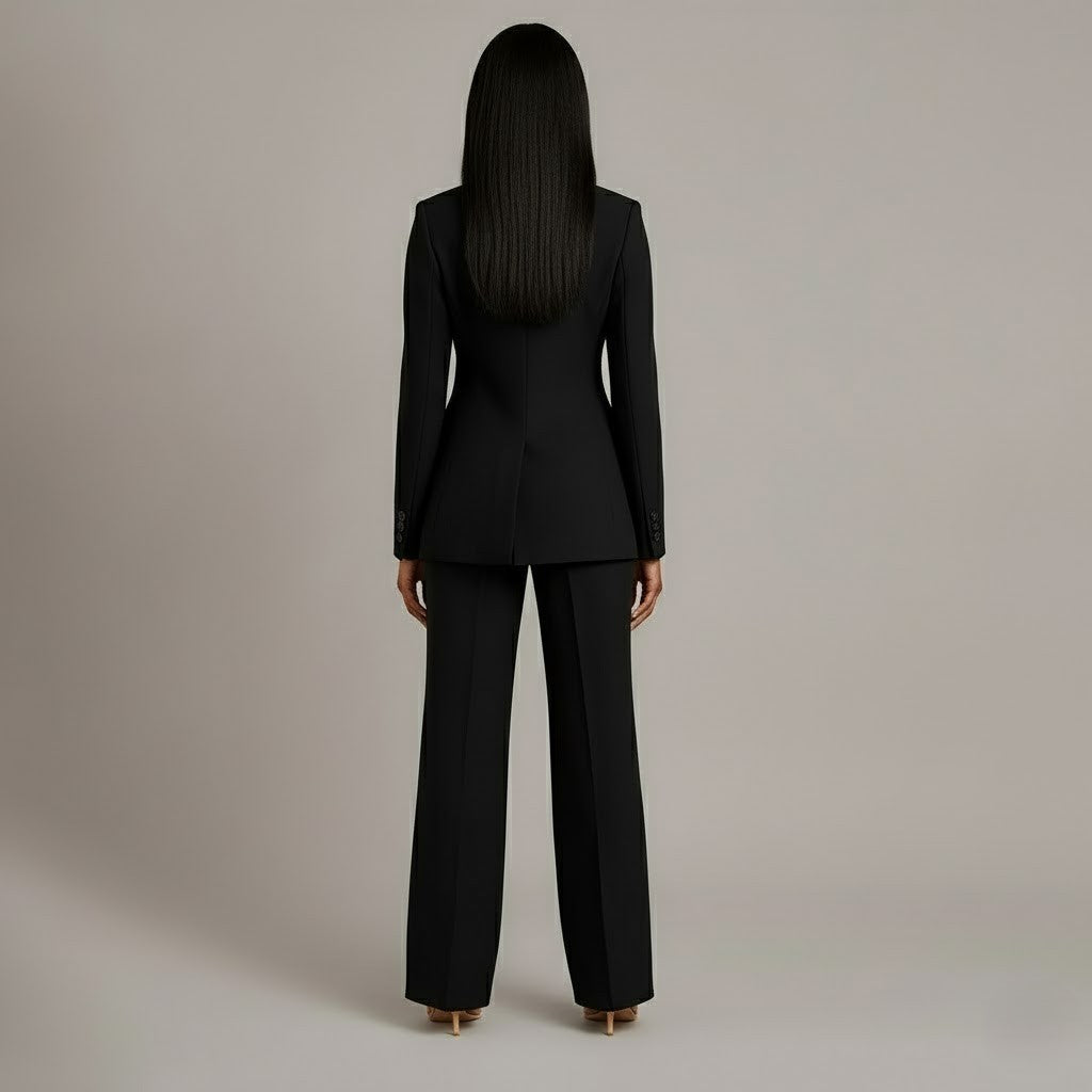 Tailleur Femme Chic Blazer Long Ajusté et Pantalon Assorti