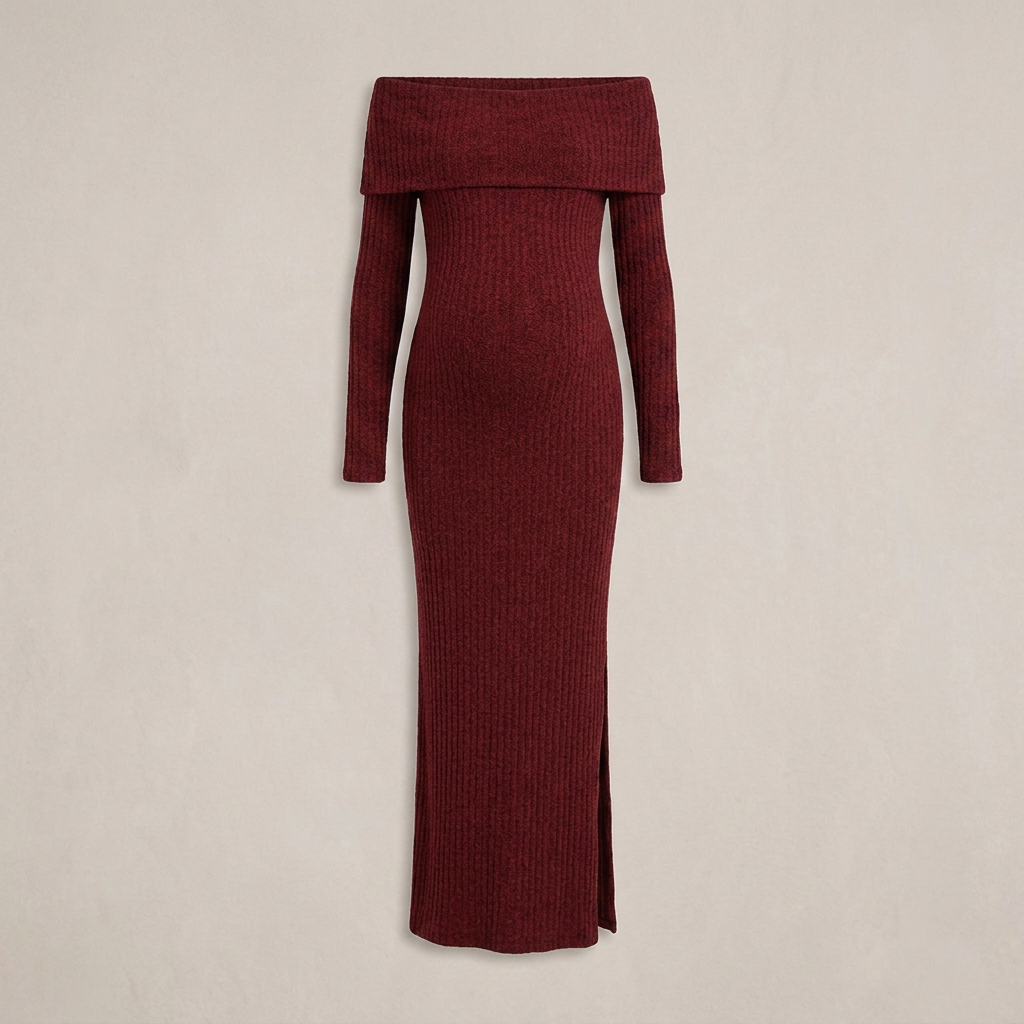 Robe de Grossesse Maxi Bordeaux Épaules Dénudées Manches Longues