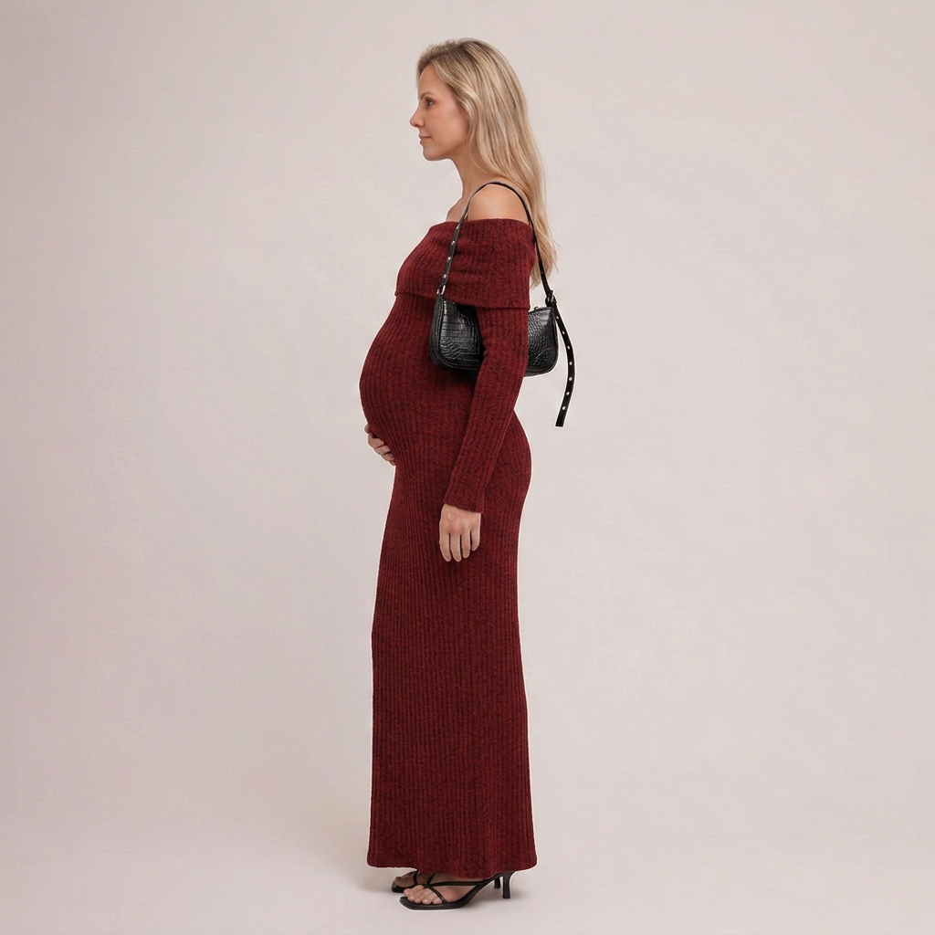 Robe de Grossesse Maxi Bordeaux Épaules Dénudées Manches Longues