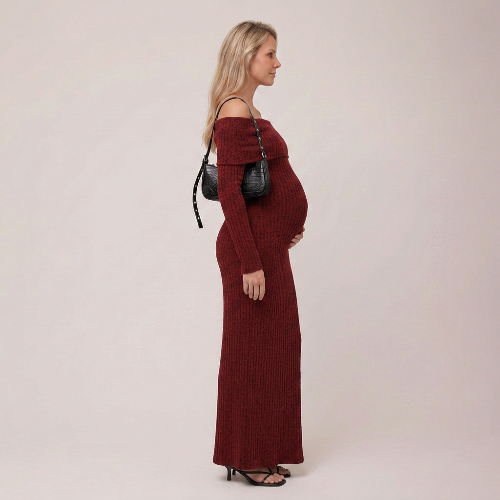 Robe de Grossesse Maxi Bordeaux Épaules Dénudées Manches Longues