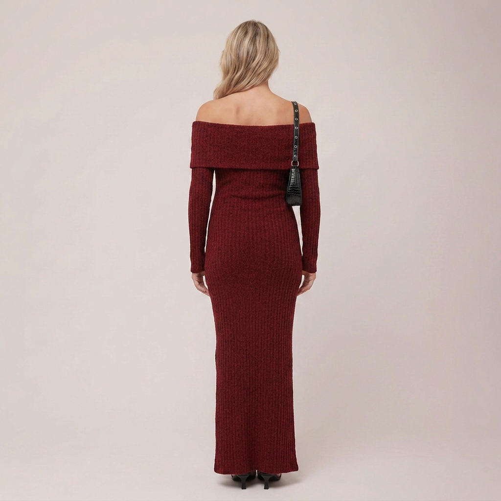 Robe de Grossesse Maxi Bordeaux Épaules Dénudées Manches Longues