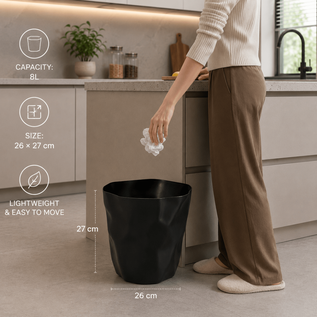 Minimalist Trash Can – Black, Modern Design for the Bathroom, Kitchen, or Office
