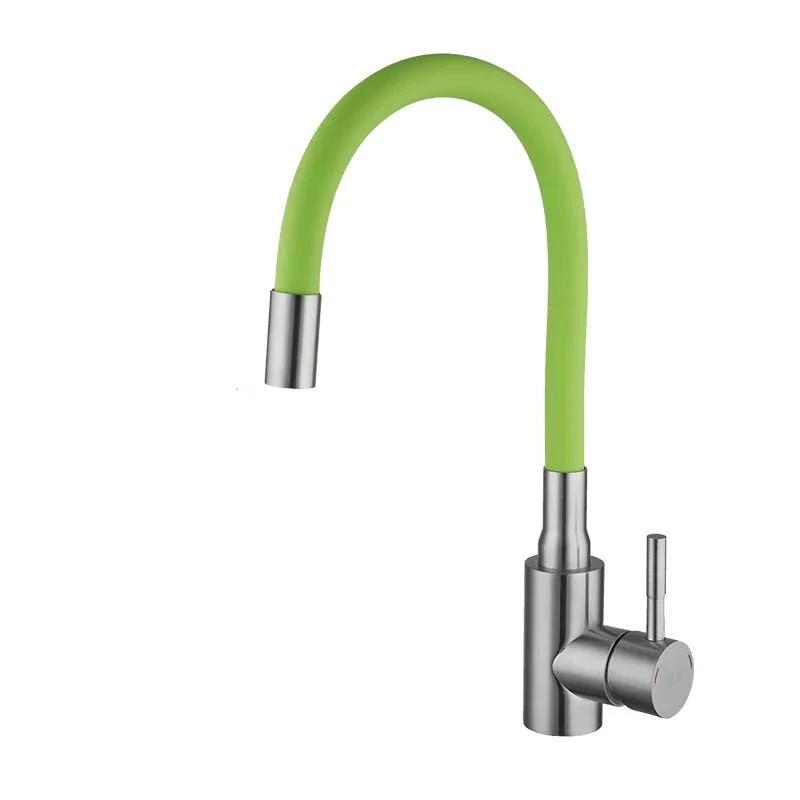 Flexible Kitchen Tap – Bendable Hose Faucet with Hot & Cold Water, green silicone gooseneck, stainless steel base.