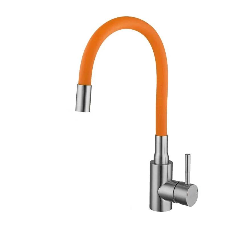 Flexible Kitchen Tap with bendable orange hose and chrome body, single lever for hot and cold water at the kitchen sink.