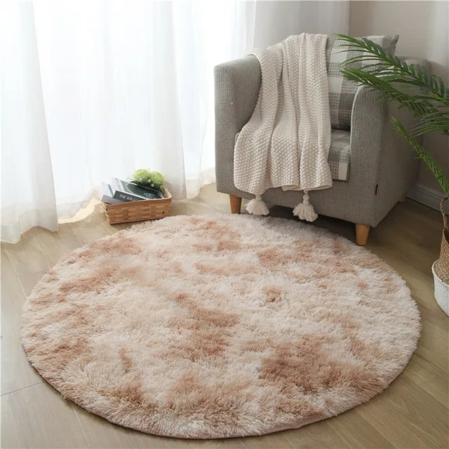 Round Plush Rug – Soft Green, Beige, or Pink for Bedroom or Living Room Decor