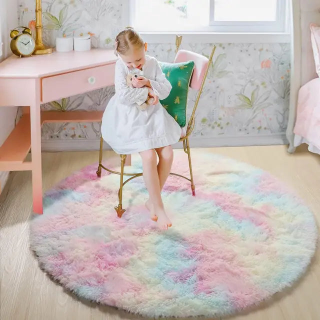 Rond pluche vloerkleed – zachtgroen, beige of roze voor in de slaapkamer of woonkamer