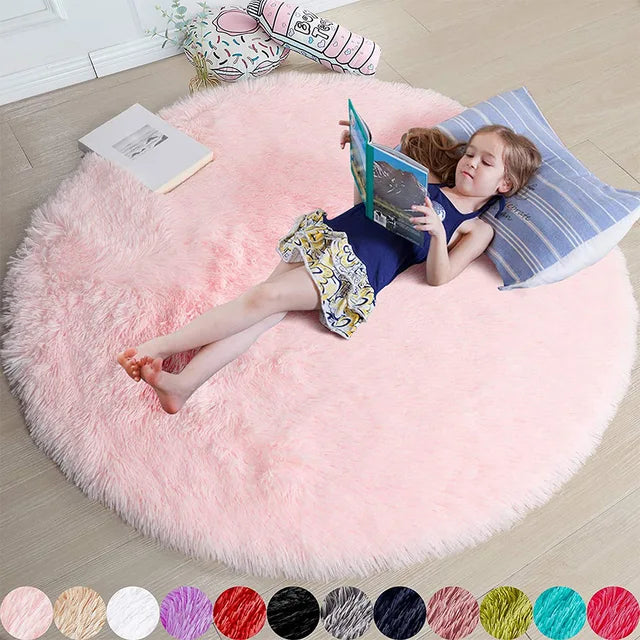Rond pluche vloerkleed – zachtgroen, beige of roze voor in de slaapkamer of woonkamer