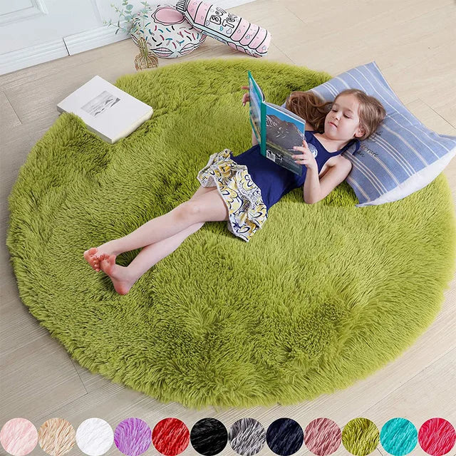 Round Plush Rug – Soft Green, Beige, or Pink for Bedroom or Living Room Decor